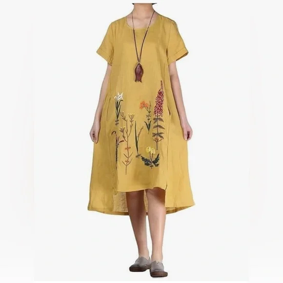 Minibee Women's Embroidered Linen Dress Summer A-Line Sundress Hi Low Tunic - Picture 9 of 9